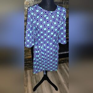 Blue and White Geometric Pattern Dress By Just Size Small
